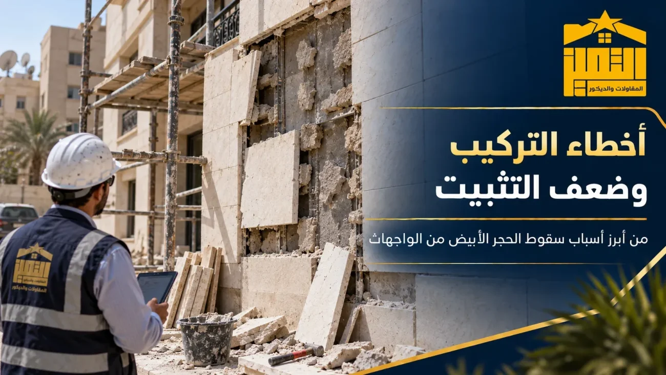أخطاء تركيب الحجر الأبيض وضعف التثبيت ووجود فراغات خلف الحجر في واجهة منزل