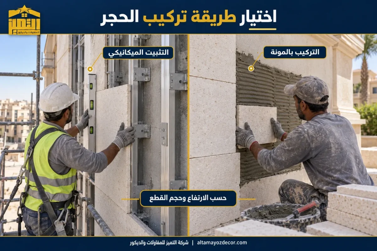 مقارنة بين تركيب الحجر الأبيض بالمونة والتثبيت الميكانيكي حسب الارتفاع وحجم القطع