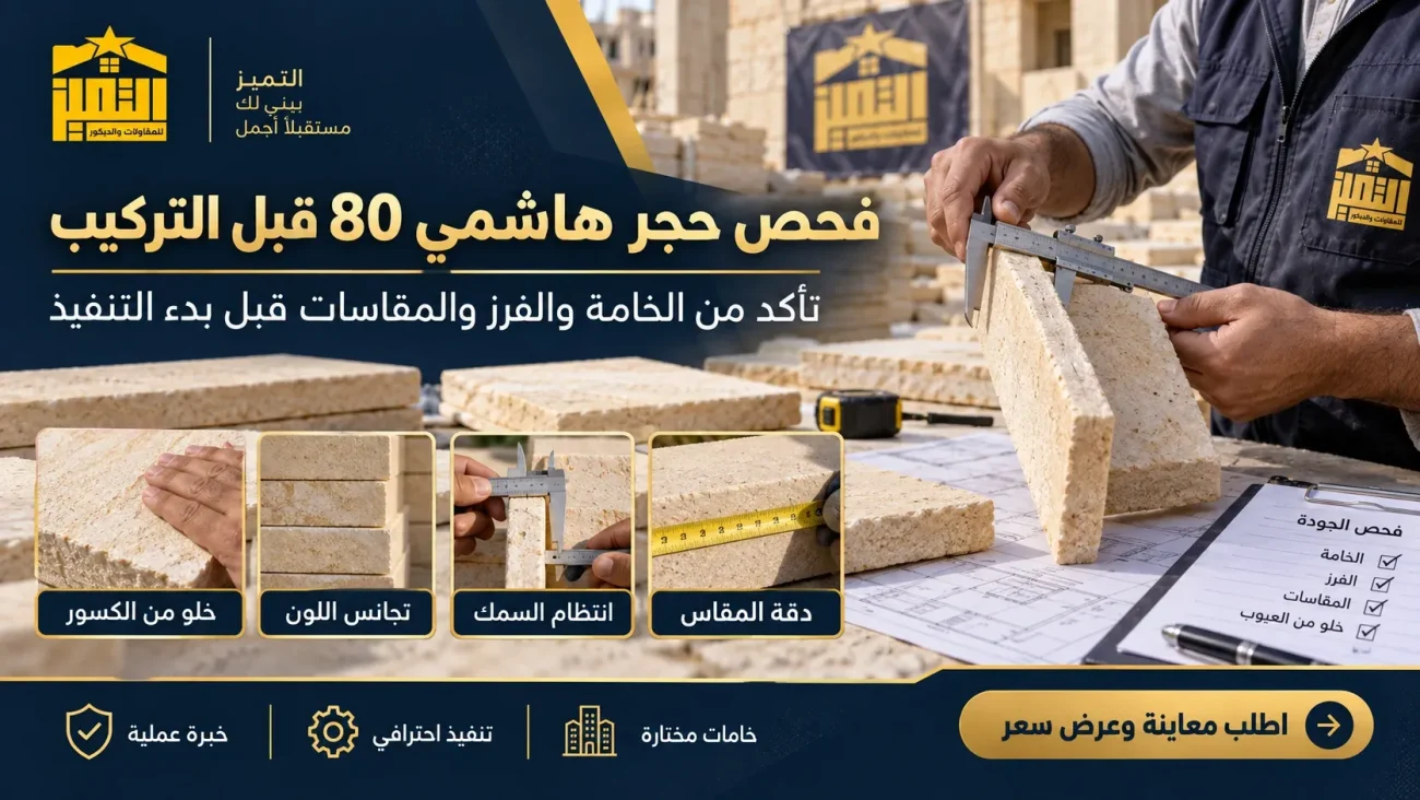 فحص سمك ومقاسات وفرز ولون حجر هاشمي 80 قبل تركيبه على واجهة المنزل